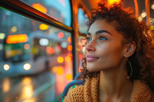 A young woman gazes out a window with city lights reflecting on the glass, creating a dreamy effect