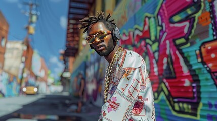Fototapeta premium Photograph of a man as a hip hop, wearing a long-sleeved shirt on graffiti street.