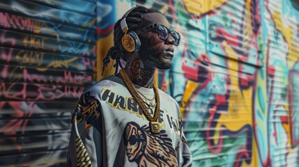 Photograph of a man as a hip hop, wearing a long-sleeved shirt on graffiti street.