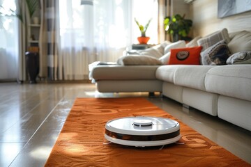 A robot vacuum cleaner navigates a clean living room floor.