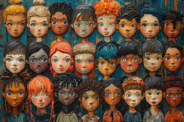 Diverse children's faces: Multinational and multigenerational with varied skin tones and hairstyles