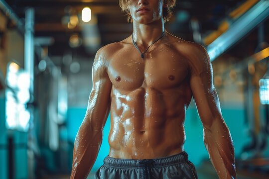 A close-up image capturing the sweat-drenched torso of a young athletic male after an intense workout session