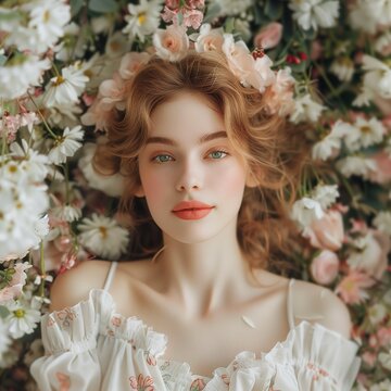 Portrait of a beautiful girl with flowers in her hair. Bride. It lies in the field of white works. The image represents spring and beauty.