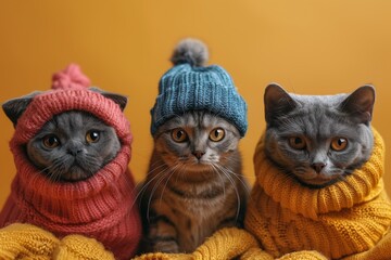 Adorable triad of felines dressed in soft, colorful knit hats and scarves posing for a cozy, cute portrait - obrazy, fototapety, plakaty
