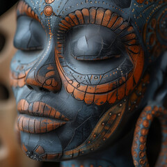 Close-up of a blue and bronze tribal African mask with intricate designs, Generative AI
