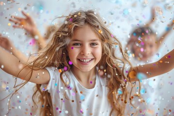 A girl with outstretched arms enjoys a playful moment amidst flying colorful confetti, expressing fun and exuberance