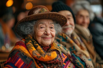 Fototapeta premium An old woman in a colorful scarf and stylish hat, her face conveying wisdom and a life well-lived