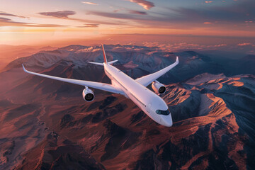 A large white airplane is flying over a mountain range