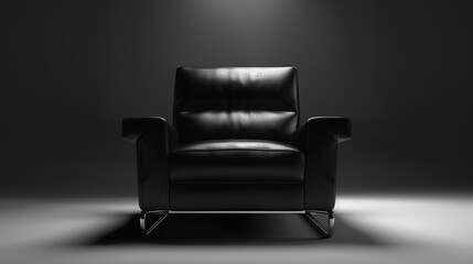 Contemporary armchair, sleek black leather, isolated, studio spotlight, frontal view, high contrast.