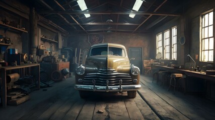 Old-fashioned Garage Reviving Classic Wheels. Concept Classic Cars, Garage Restoration, Vintage Automobiles, Automotive History