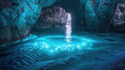 Bioluminescent Tide in a Sea Cave Entrance - obrazy, fototapety, plakaty
