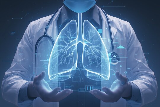 Medical doctor holding glowing virtual human lung in hands in Respiratory system protection and health care concepts