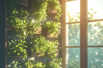 Modern vertical lush herb garden planter bags hanging on city apartment balcony wall - obrazy, fototapety, plakaty
