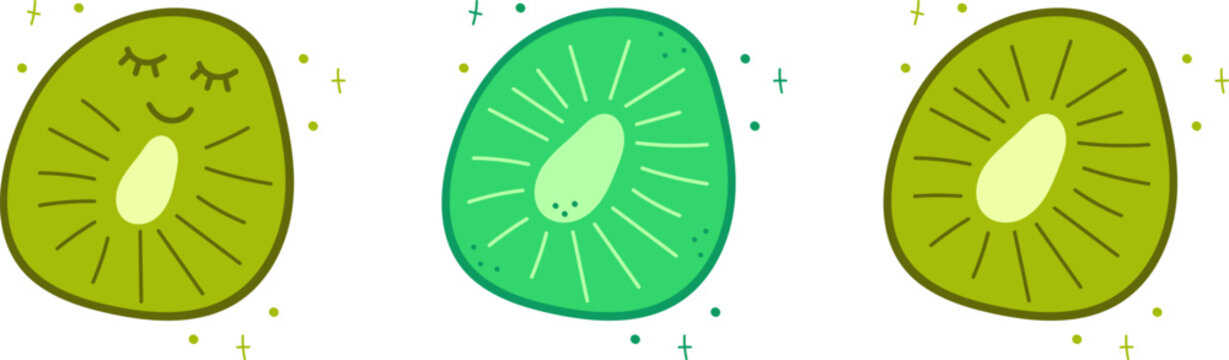 Set of kiwi slice isolated on white. Vector illustration in doodle style. Cute flat style. Green kiwi with kawaii eyes.Funny hand draw fruit piece.