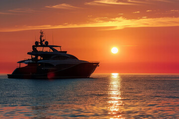 Obraz premium Yacht sailing in ocean at sunset. Sea voyage
