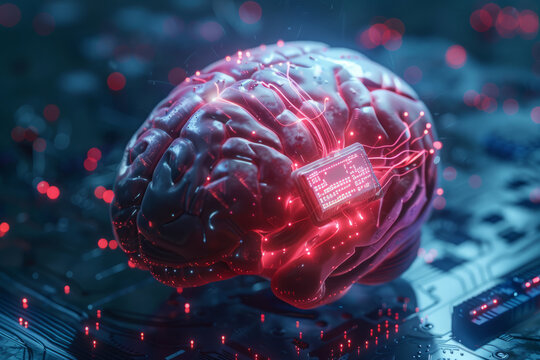 Brain With Installed Neurolink Chip on Circuit Board