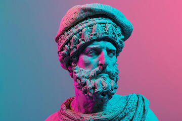 Antique plaster statue of man wearing knitted hipster hat on neon colored background. Creative...