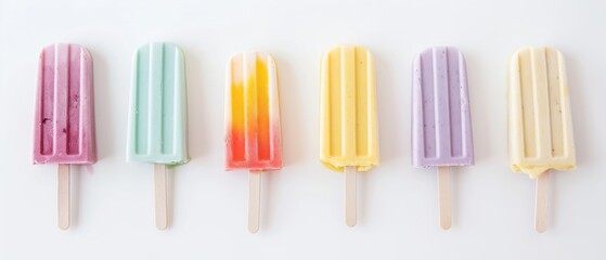 Fototapeta premium A variety of colorful popsicles neatly aligned on a white surface.