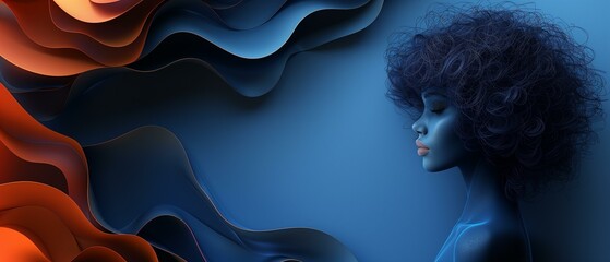 Futuristic fashion blue creativity orange, woman with curly hair and blue and orange hair