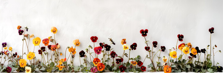 Colorful, joyful pansy flowers on white wall background. Dark red, orange, and yellow spring garden flowers. Gardening and landscape design, floral decor. Copy space.