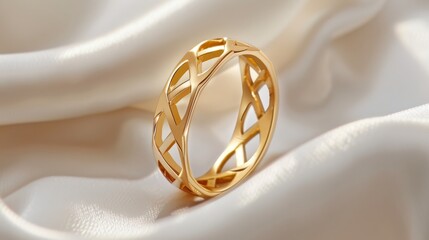 Elegant golden ring design on a soft backdrop. A luxurious and intricately designed 18K golden with 316L Stainless steel ring stands out against a creamy, soft background, bathed in gentle light - obrazy, fototapety, plakaty