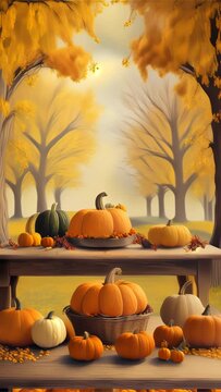 A serene autumn harvest setup showcasing a variety of pumpkins and gourds on a wooden table against a backdrop of golden trees.