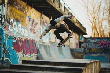 Skater performing, A professional skater performing a spectacular jump in an urban playground, AI generated