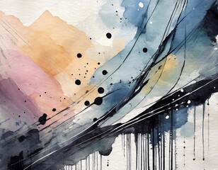 Pastel colors watercolor background with old paper texture, black ink splash, black lines, leaked paint
