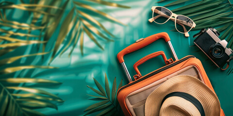 A set of essentials for a summer trip: a hat, sunglasses, a camera and a suitcase surrounded by palm leaves on a turquoise background. Summer vacation concept.