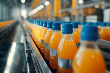 a orange juice bottle on the conveyor belt of a modern product production line in a factory
