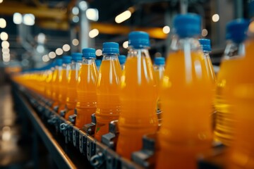 a orange juice bottle on the conveyor belt of a modern product production line in a factory
