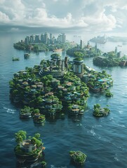 Design a striking aerial view illustration showcasing futuristic floating cities and innovative human settlements adapting to higher sea levels post ice - obrazy, fototapety, plakaty