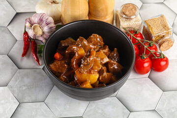 Homemade beef hungarian goulash with potato