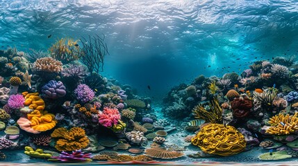 Discover the secrets of the deep blue sea through a captivating panoramic image Showcase a dynamic underwater landscape teeming