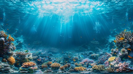 Discover the secrets of the deep blue sea through a captivating panoramic image Showcase a dynamic underwater landscape teeming