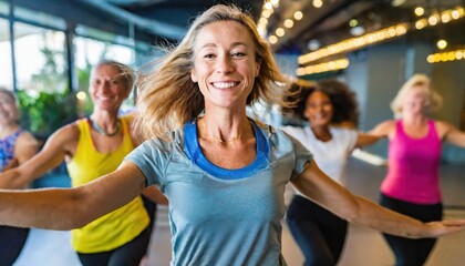 Middle-aged women enjoying a joyful dance class, candidly expressing their active lifestyle through Zumba with friends 