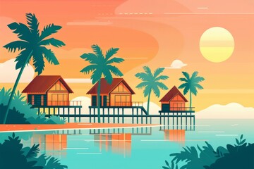 Tropical beach illustration with overwater bungalows, palm trees, and sunset