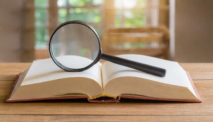 open book with magnifying glass on wooden desk