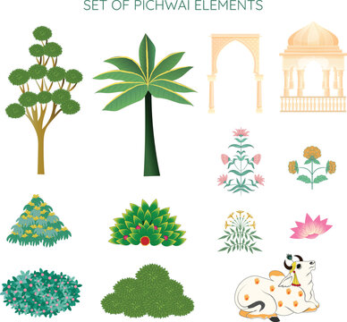 pichwai elements illustrations set of indian pichwai elements mughal theme graphics element 