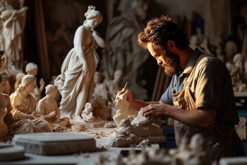 A sculptor creating a masterpiece in his workshop, A sculptor  working, Ai generated