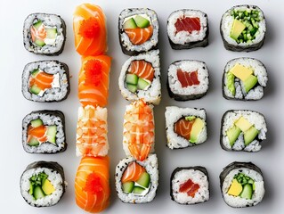 A minimalist layout with symmetrical placement of sushi rolls, emphasizing the elegance of Japanese cuisine, 8K