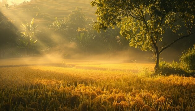 A field of golden wheat with a tree in the foreground by AI generated image