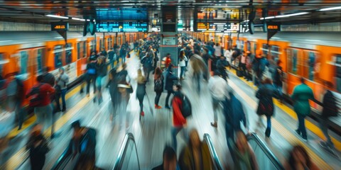 Motion blur of busy subway station with people commuting and train in movement