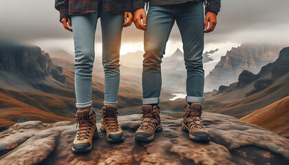 Two adventurers standing on a cliff edge with hiking boots, facing a dramatic mountain landscape at...