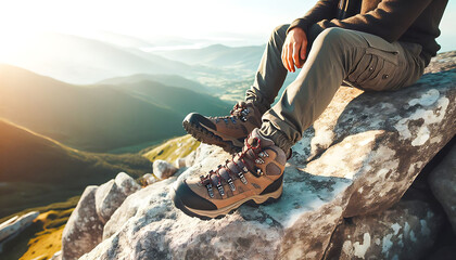 Close-up of hiker's boots on a rocky peak with a panoramic view of mountain ranges during golden hour, symbolizing adventure and exploration.
