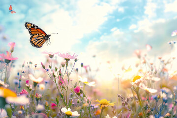 Nature garden field with fresh flower and butterfly, wild grassland in spring season with sunset...