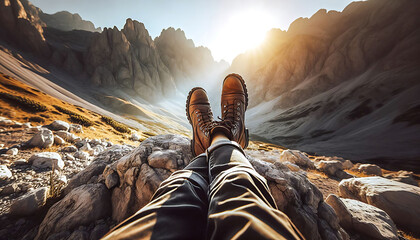 Traveler's perspective with boots overlooking a majestic mountain valley during sunset, highlighting the beauty of adventure and exploration. - obrazy, fototapety, plakaty