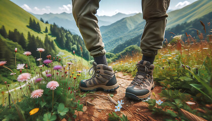 Close-up of hiker's boots on a scenic mountain trail with lush green meadows and wildflowers under a clear blue sky.