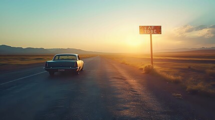 Sunset Drive Through the Desert Wasteland./n