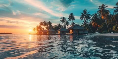 Overwater bungalows with thatched roofs at sunset in a tropical island resort